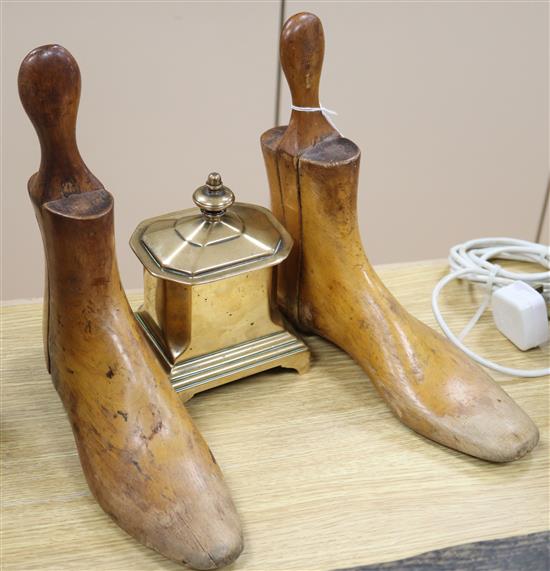 A Regency brass tobacco box and a pair of shoe trees length 26cm